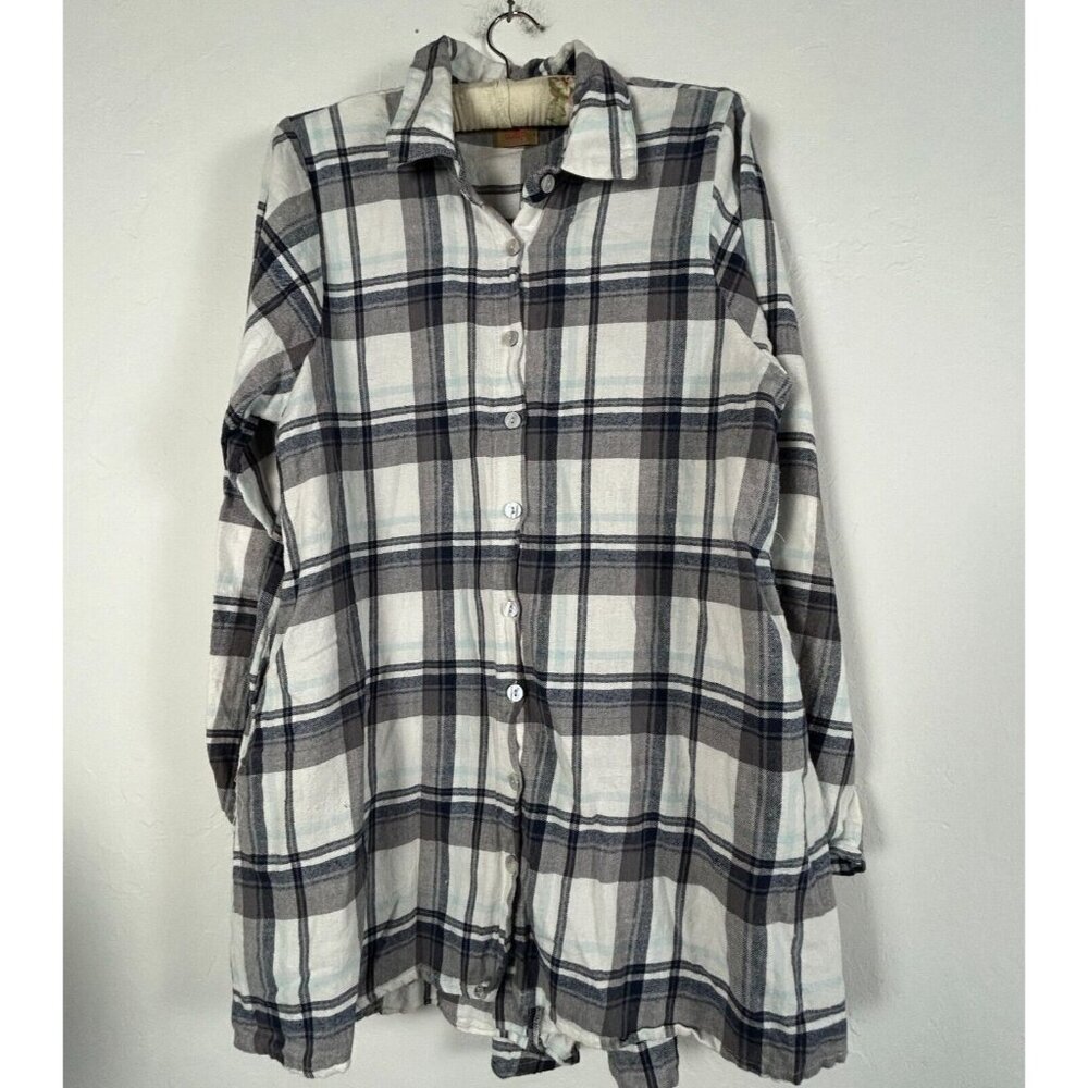 Tulip Womens Longline Plaid Tunic Large Lagenlook Oversized Cotton Flannel Gray